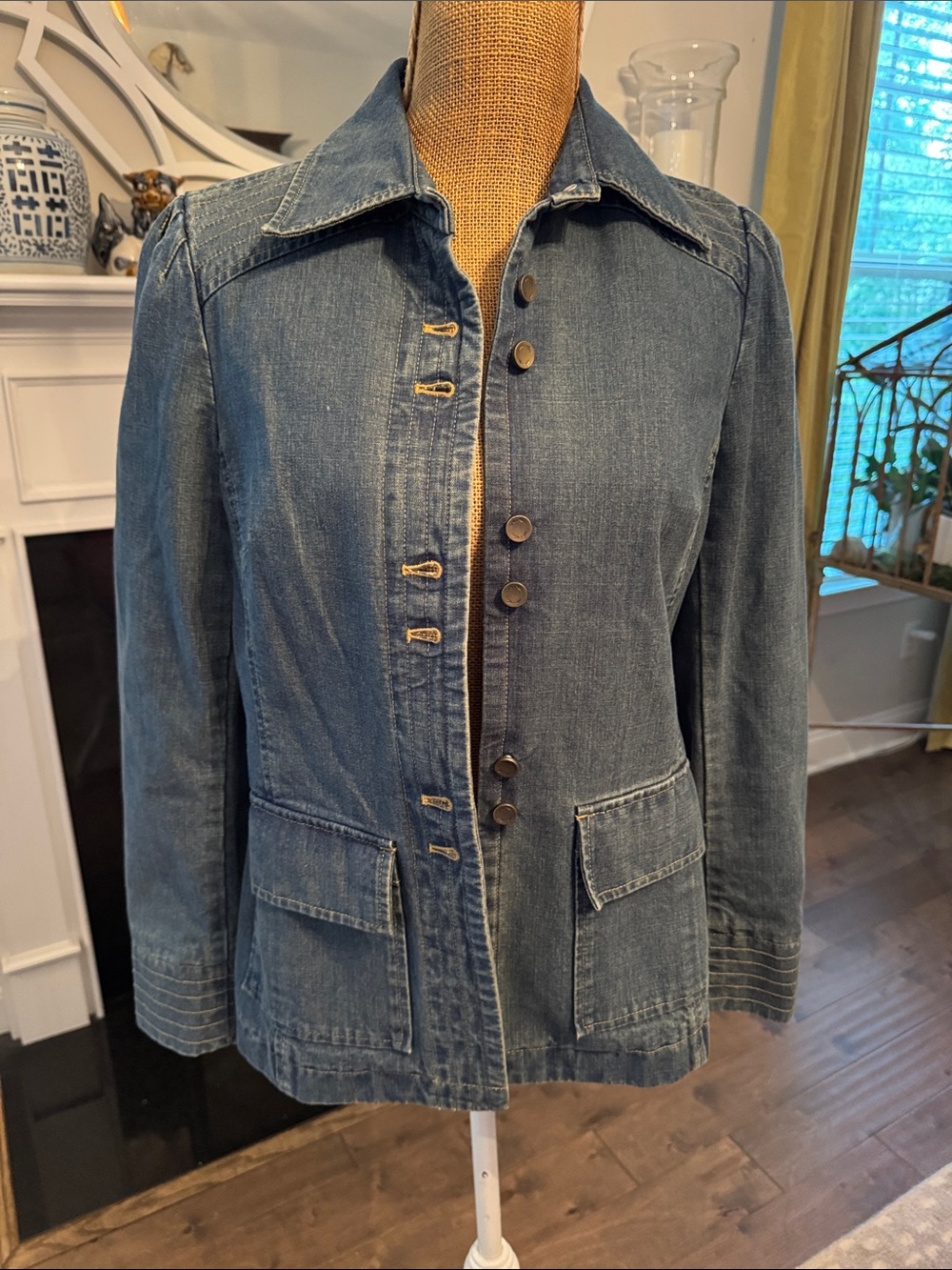 Women's Classic Denim Jacket in Medium Blue with Button Closure